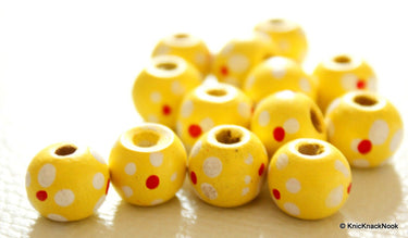 20 x Yellow Wood Beads with Handpainted Flowers 10mmx9mm